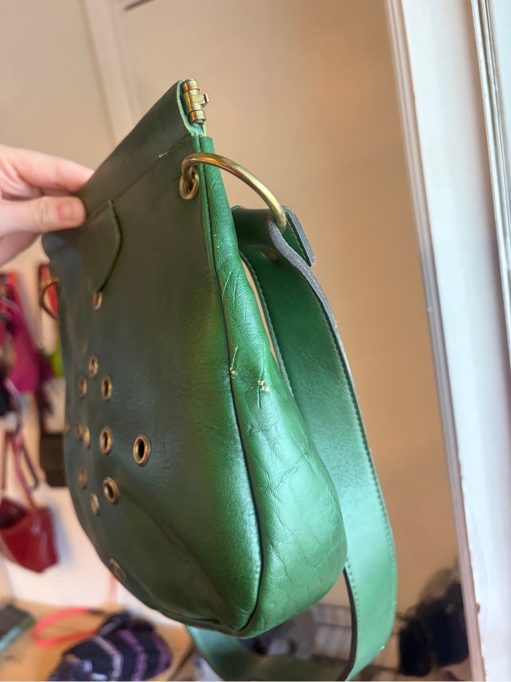 FREE with purchase! Vintage Green Leather Crossbody Bag with Eyelet Detail - Picture 7 of 14
